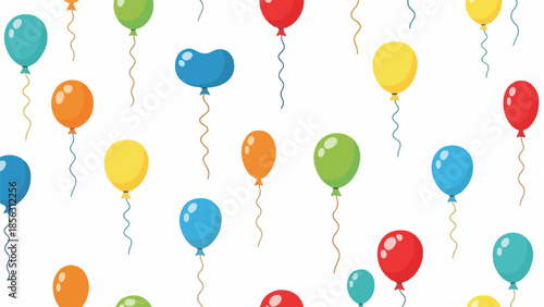 Colorful illustration of floating balloons in various shapes and sizes on a white background with a festive atmosphere.