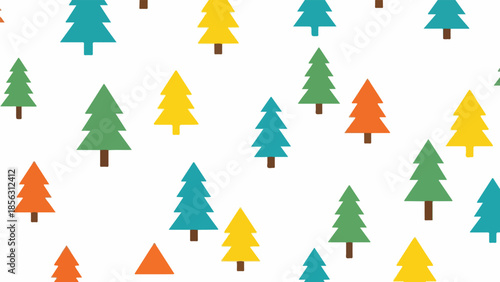Colorful illustration of various sized and colored Christmas trees scattered across a plain white background in a flat lay composition.