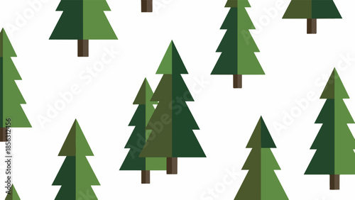 A flat lay of various green cartoon pine trees scattered across a clean white background in a simple graphic design.