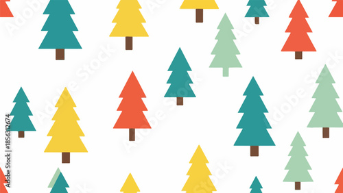 A colorful pattern of various sized cartoon Christmas trees in yellow, green, teal, and orange hues on a white background.