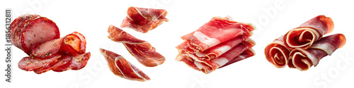 Set of cured meat slices, including salami, prosciutto, and rolled dry ham isolated on transparent background