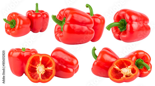 Set of whole and sliced fresh red bell peppers isolated on transparent background