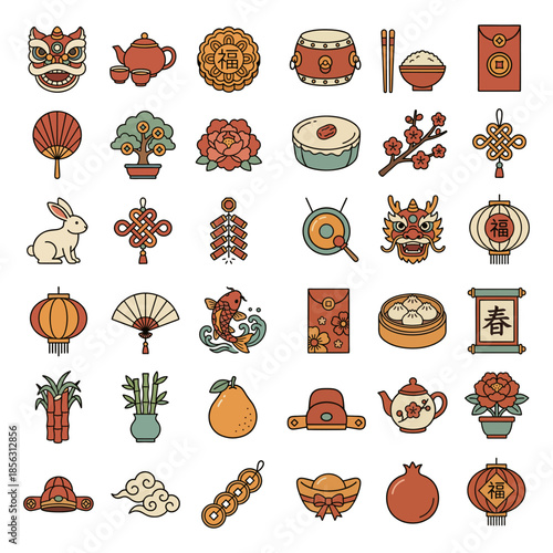 Chinese New Year Icon Set Containing Lion Dance Lantern and Red Envelope Vector Illustration