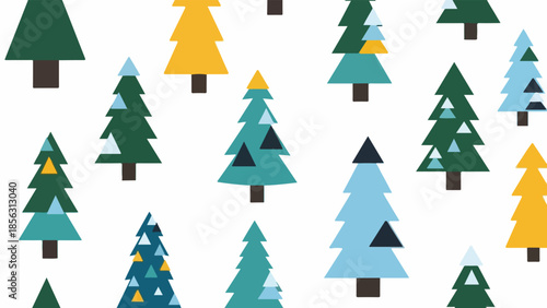 Colorful flat lay of various stylized Christmas trees in different shades of green, blue, and yellow on a clean white background.