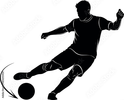 Black silhouette of a male soccer player kicking a football for sports, competition, fitness, and dynamic action concepts.