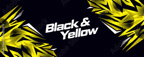 Abstract Sports Banner Design with Sharp Yellow and White Shapes and Halftone Pattern on a Black Background. Sports Banner or Poster Design Elements
