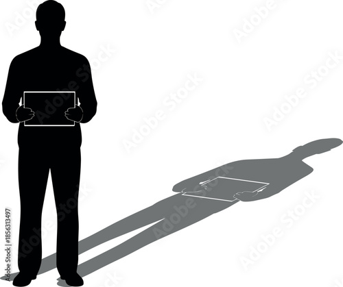 Black silhouette of a man holding a digital tablet with a long shadow for technology, business, and presentation concepts.