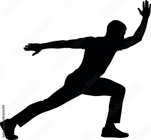 Black Silhouette of a Man Lunging Low, Stretching, or Crouched in a Dynamic Exercise Pose with One Arm Reaching Upward
