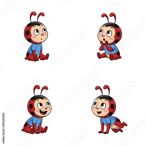 Four cartoon ladybugs with different expressions and blue outfits