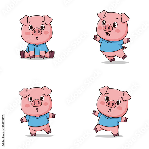 Four cartoon pigs in blue shirts showing different emotions