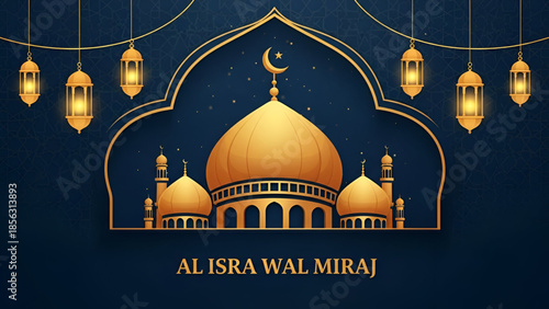 Al Isra Wal Miraj islamic night illustration with glowing mosque crescent moon lanterns and starry sky for spiritual faith background and religious cultural design use