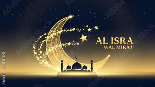 Al isra wal miraj islamic night journey illustration with crescent moon mosque lanterns starry sky spiritual background for faith education greeting design