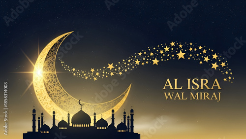 Al isra wal miraj islamic night journey illustration with crescent moon mosque lanterns starry sky spiritual background for faith education greeting design