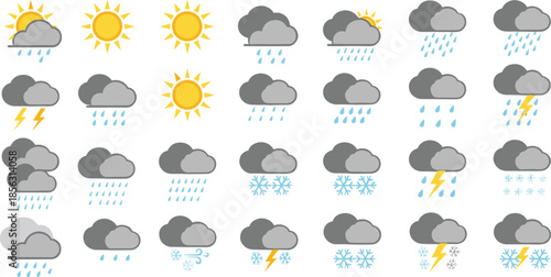 Professional weather forecast icon set featuring sun clouds rain snow and lightning for mobile app interface and web design