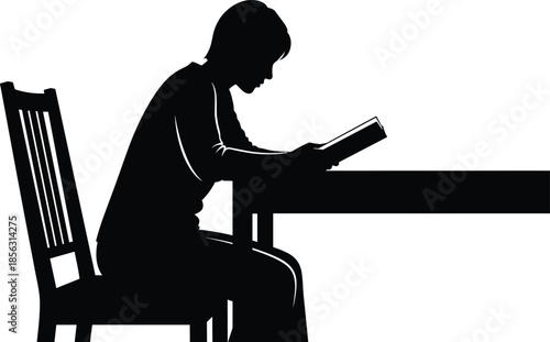 Silhouette of a woman sitting at a table reading a book, female student studying in library, peaceful home education and literacy concept.