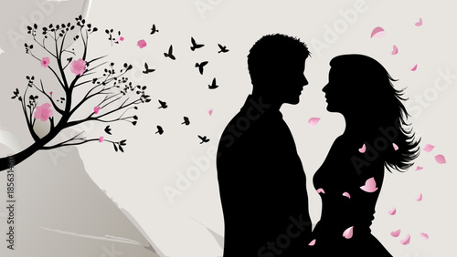 Couple silhouette with blossoming tree, isolated on white background