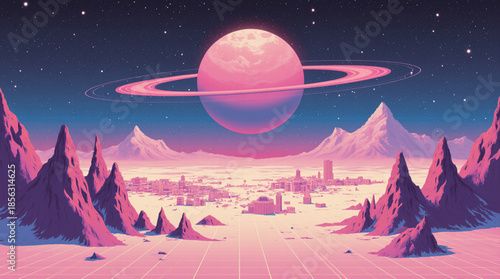 A vibrant retro-futuristic alien landscape with a majestic pink ringed planet dominating the starlit sky