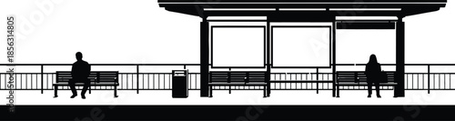 Train station platform vector silhouette with passengers waiting on benches at transit stop, public transportation terminal isolated on white background for travel design,