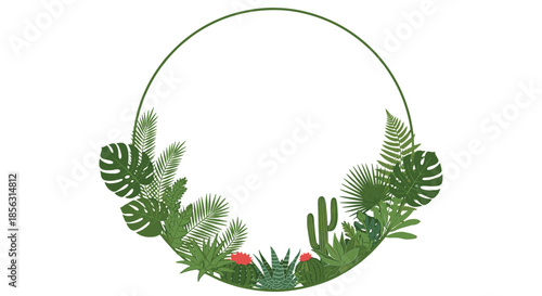 A beautiful circular frame made of lush green tropical leaves, including monstera, palm, and cactus, with copy space in the center.