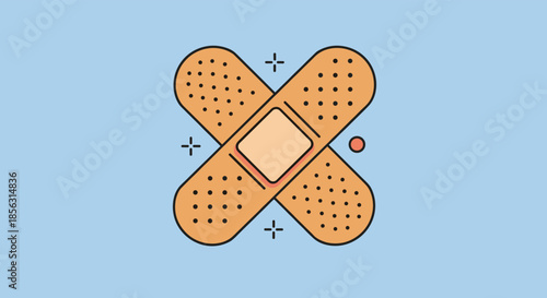 Two adhesive bandages crossed in an X shape, with sparkles and a dot on a light blue background, in a cute cartoon style.