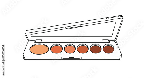 A simple line art drawing of an open eyeshadow palette with seven round pans of earthy and neutral-toned makeup on a white background.
