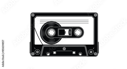 A detailed black and white illustration of a retro audio cassette tape, showing the spools and tape in a classic vintage style.