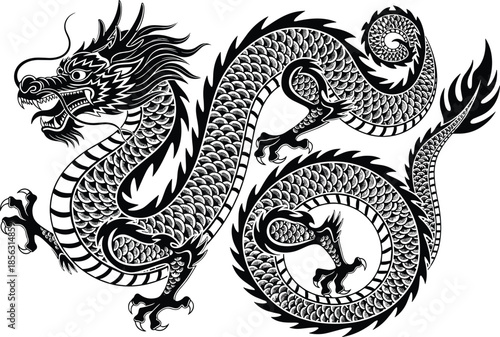 Traditional Chinese dragon vector illustration, black and white oriental mythical creature with detailed scales and claws, asian lunar new year folklore design,