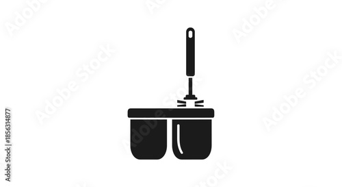 A black silhouette icon of a toilet brush resting in its holder, representing bathroom cleaning, hygiene, and household chores.