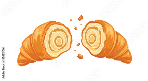 A delicious golden-brown croissant broken in half to show its flaky, layered interior, with crumbs scattering in a cartoon vector style.