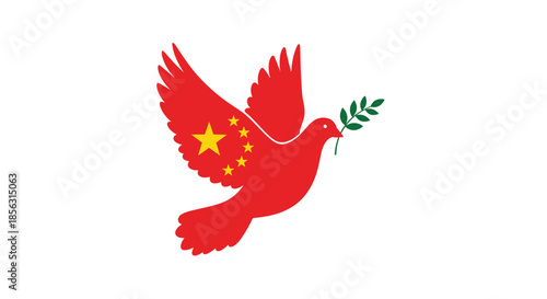 A peace dove in the red color of the Chinese flag, with yellow stars on its wing, carrying a green olive branch in its beak.