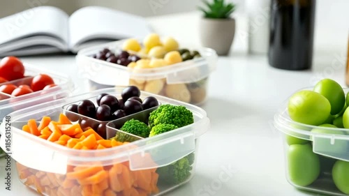 Colorful meal prep containers with fresh vegetables displayed