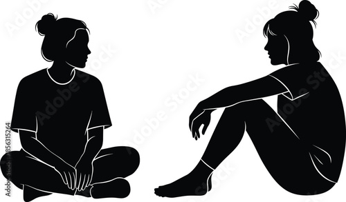 Two young women sitting on ground talking silhouette vector illustration, black and white female friends in casual clothes having a conversation,