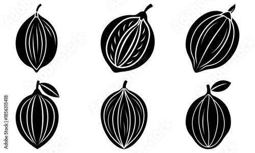 Five black and white pod-shaped fruits with stems and leaves on transparent background vegetable plant
