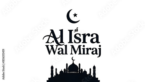 Isra miraj night mosque illustration with crescent moon dark sky representing islamic spiritual journey faith prayer religion culture symbol for design background use