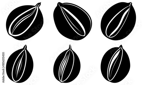 Six black fig fruit silhouettes with white outlines on transparent background