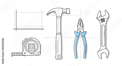 A set of common workshop tools, including a hammer, pliers, wrench, and tape measure, drawn in a technical blueprint line art style.