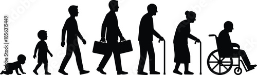 Human life stage silhouette illustration, infancy to old age, generational progression, mobility diversity, black outline, isolated, vector graphic