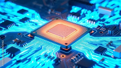 Closeup of a glowing computer chip