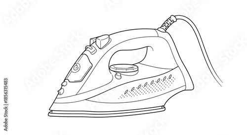 Detailed black and white line art illustration of a modern electric steam iron, a common household appliance used for pressing clothes.