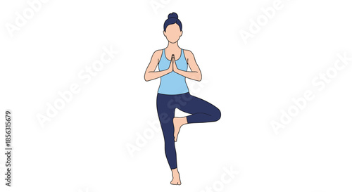 Minimalist flat illustration of a woman practicing yoga in the tree pose, or Vrikshasana, promoting wellness, balance, and mindfulness.