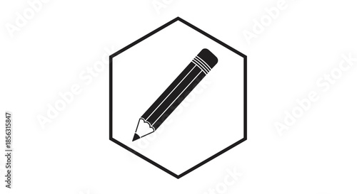 Black silhouette icon of a sharpened pencil enclosed within a simple hexagon outline frame, isolated on a white background for design.