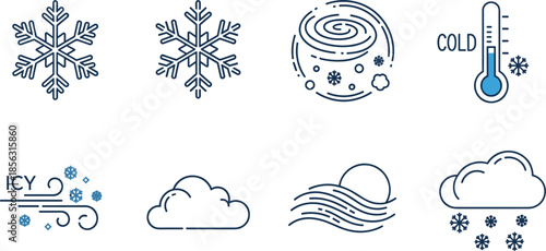 Vector winter weather icon set featuring snowflakes cold thermometer icy wind and blizzard symbols for seasonal forecast apps
