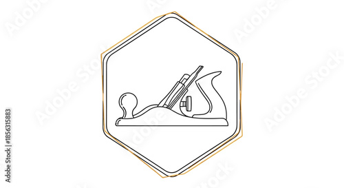 Line art icon of a woodworking hand plane tool inside a gold and black hexagon frame, representing carpentry and craftsmanship.