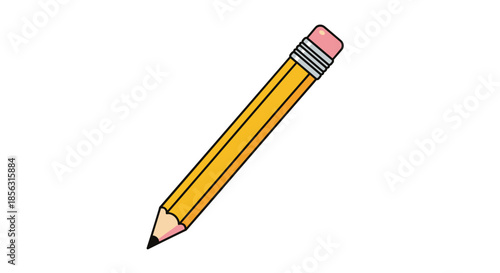 Classic yellow number two pencil with a pink eraser shown in a simple, clean cartoon style with a black outline, isolated on white.