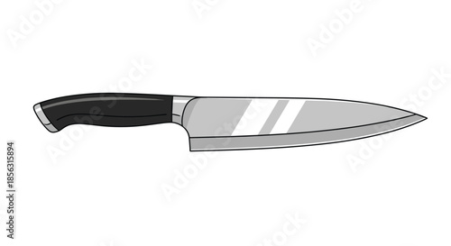 Realistic illustration of a professional chef's knife with a black handle and a shiny steel blade, isolated on a white background.