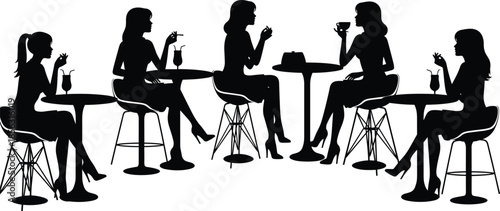 Women sitting at cafe tables silhouette vector illustration, female friends drinking coffee and talking in restaurant isolated on white background for lifestyle design,