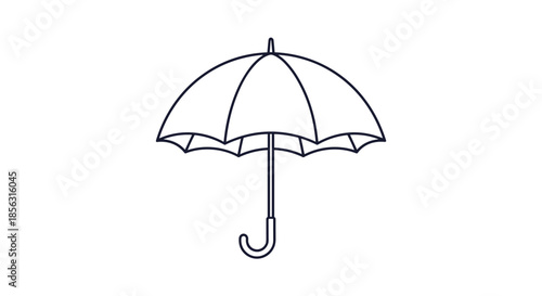 Minimalist black and white line art icon of an open umbrella, symbolizing rain, protection, weather, and insurance concepts.
