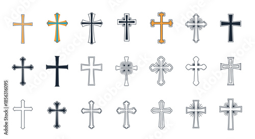 Large set of various Christian cross icons and symbols in different artistic styles, including simple, ornate, and sketched designs.
