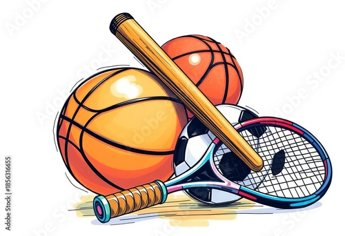 Whimsical sketch of basketball, baseball bat, soccer ball, and tennis racket intertwined,  equipment,  hand-drawn
