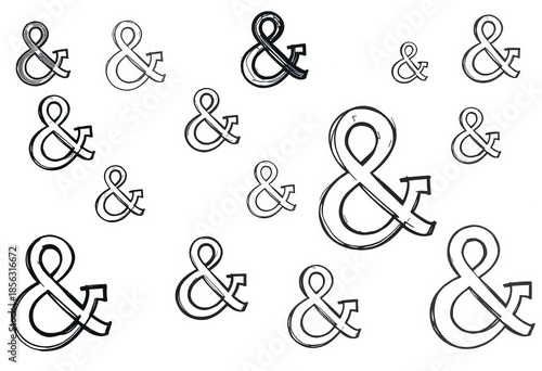 Whimsical, varying-sized ampersands sketched in black ink on white paper, ampersand,  element